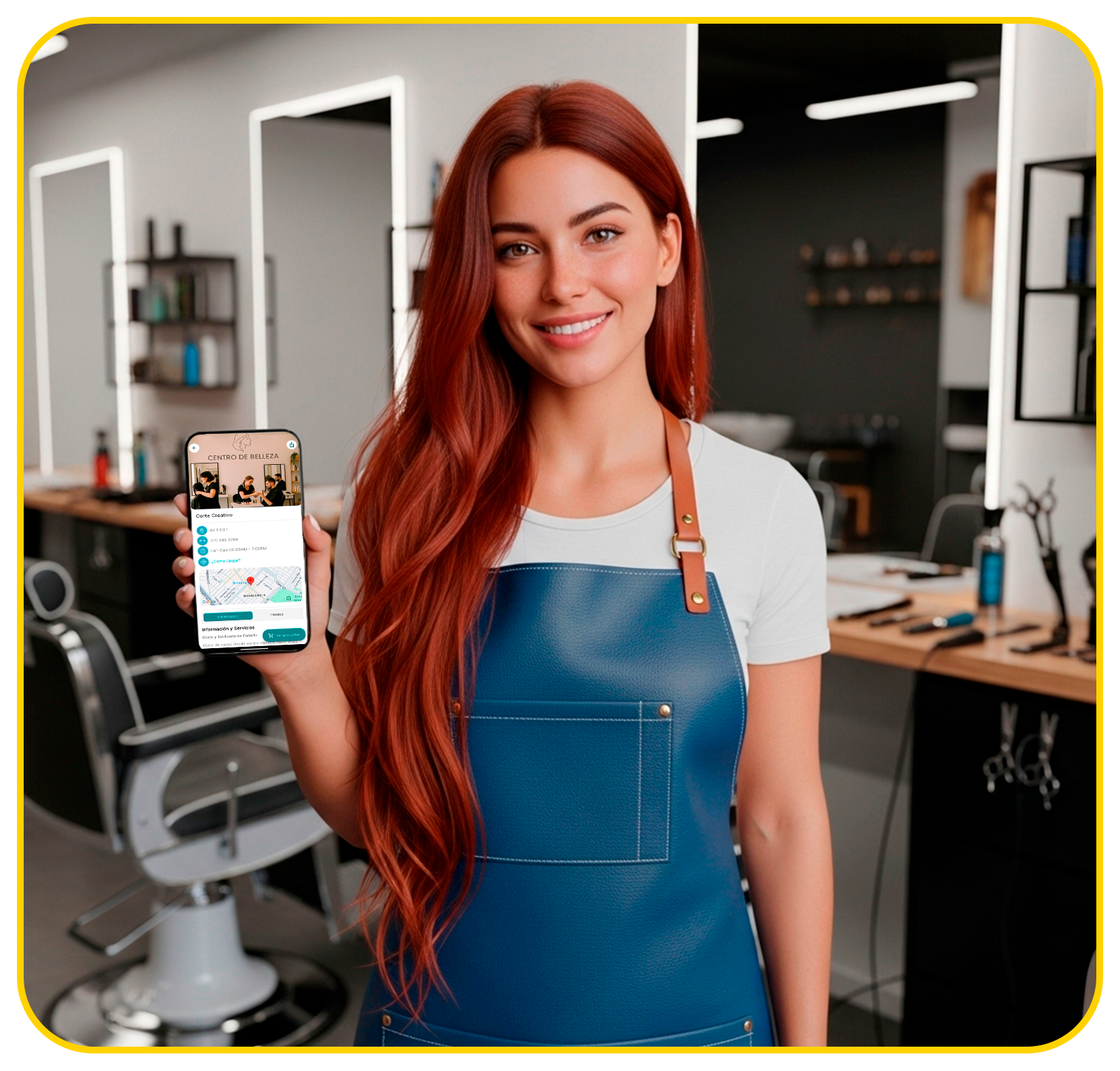 Estilista sonriente en una peluquería moderna mostrando la aplicación móvil de gestión para salones de belleza Revolution.