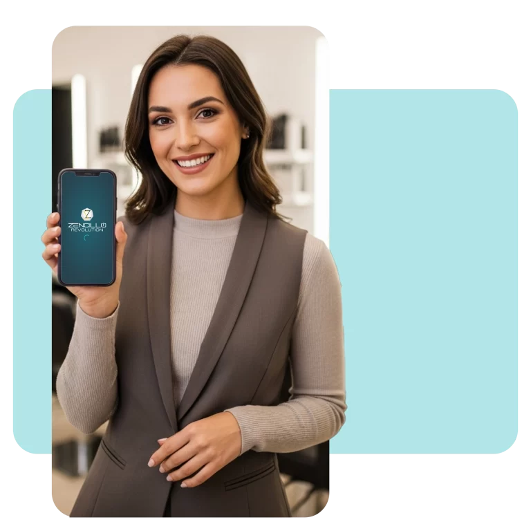 Mujer profesional del sector belleza sosteniendo un teléfono móvil con la aplicación Zencillo Revolution instalada.