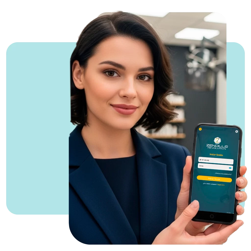 Mujer profesional de negocios sosteniendo un celular con la pantalla de inicio de sesión de la app para salones.