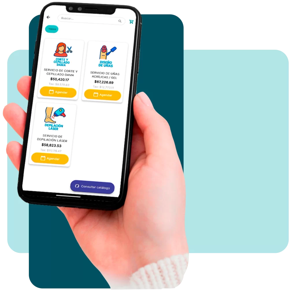 Vista cercana de una mano sosteniendo un smartphone que muestra la app personalizada de Zencillo Revolution con servicios de corte, uñas y depilación láser.