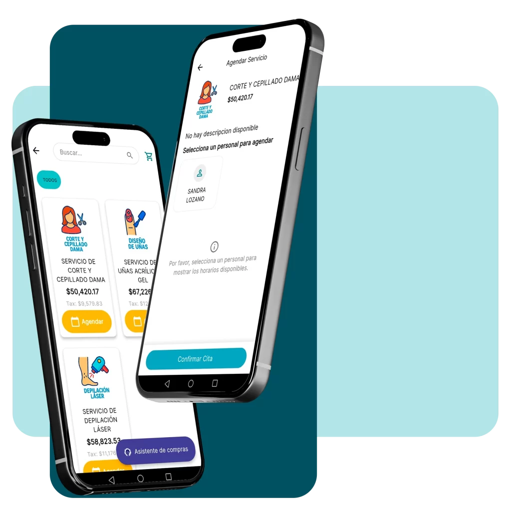 Interfaz de la app móvil mostrando la venta cruzada de servicios de peluquería con productos como shampoo y tratamientos.