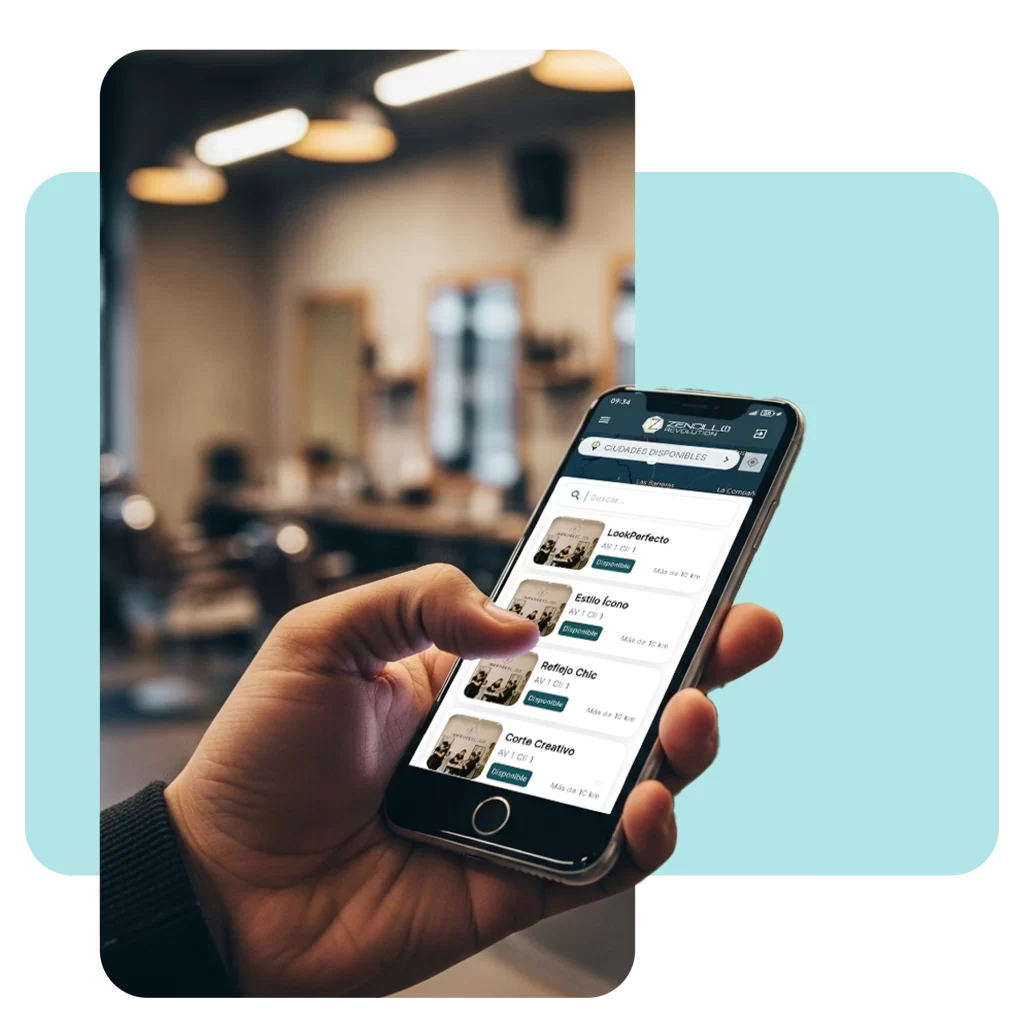 Mano de un administrador utilizando un smartphone para gestionar múltiples sedes de un salón de belleza con dashboards en tiempo real.