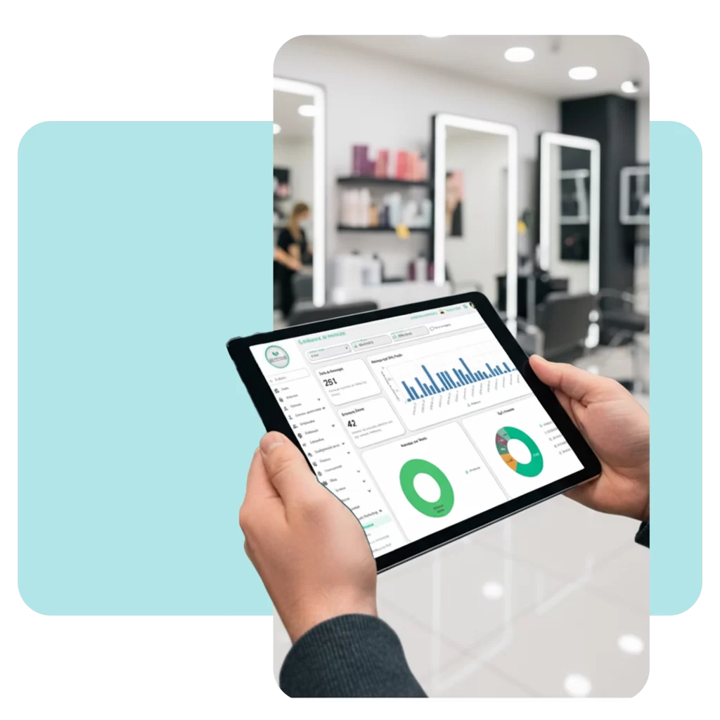 Persona sosteniendo una tablet que muestra el dashboard de analítica de Zencillo Revolution con gráficas de ocupación y ventas.