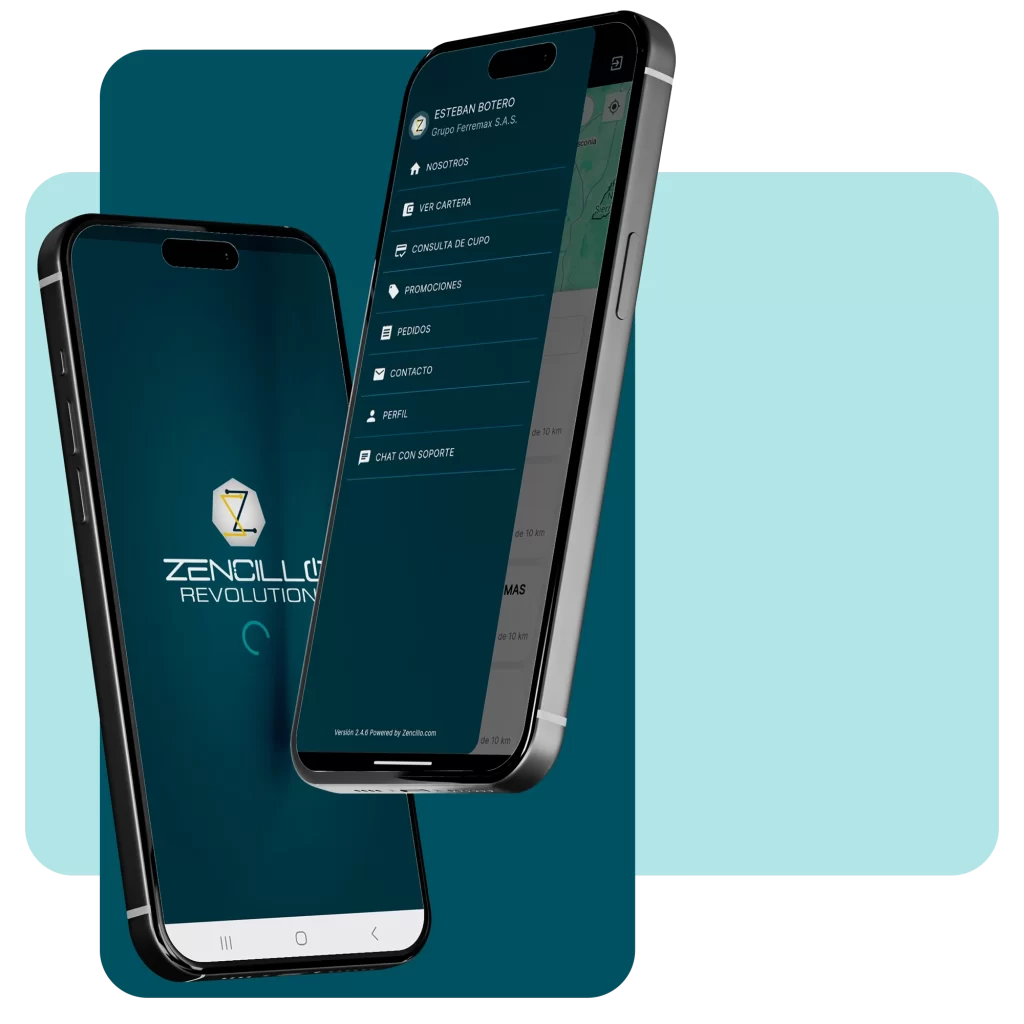 Dos smartphones de alta gama mostrando la interfaz de usuario y el menú lateral de la plataforma Zencillo Revolution.